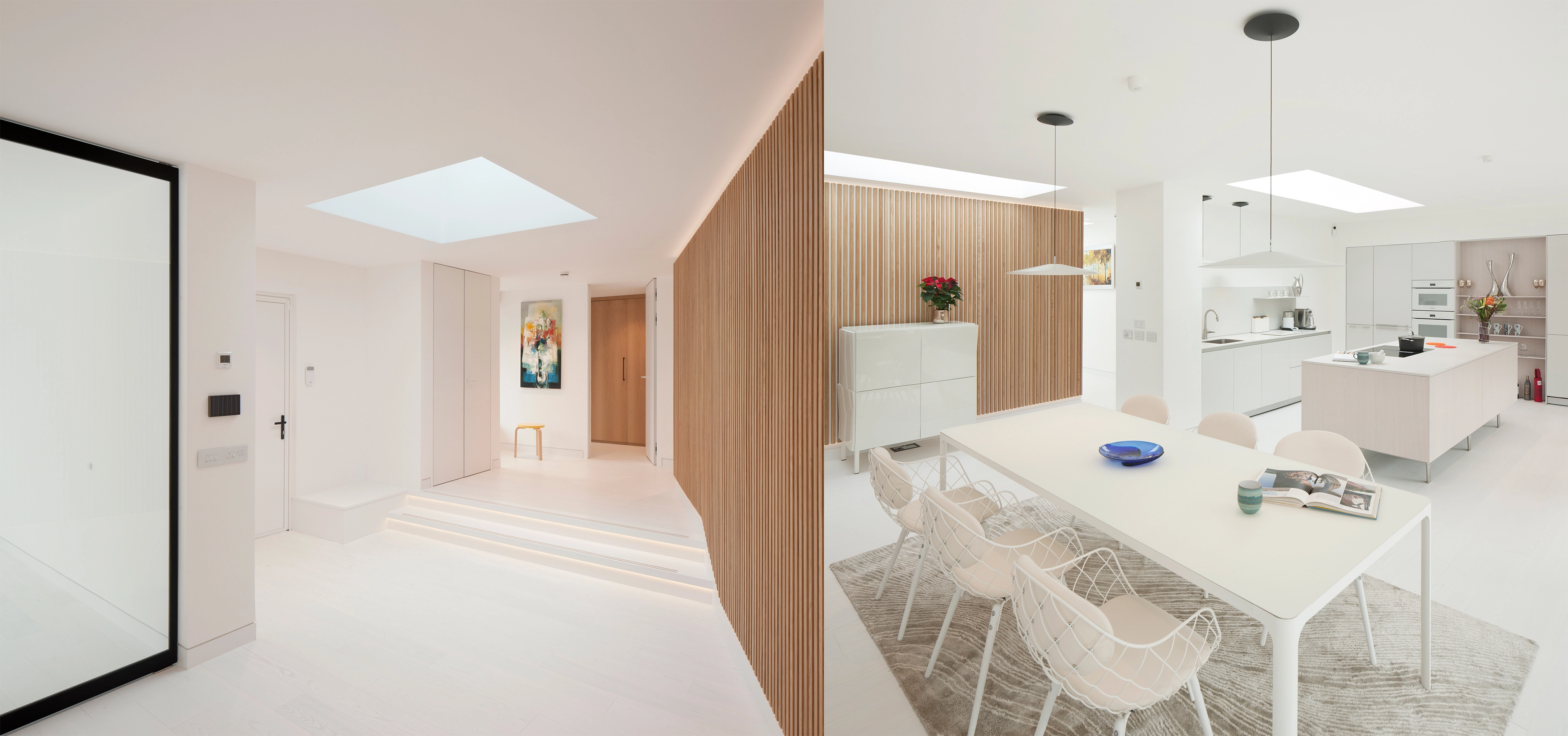 Two images of the modern luxurious interior of a recently renovated house in Glasgow, with white walls and white hardwood floors, timbe panel cladded internal sauna, LEDs placed strategically to create floating effect on walls and the three steps in the entryway, and rooflights spread throughput. 